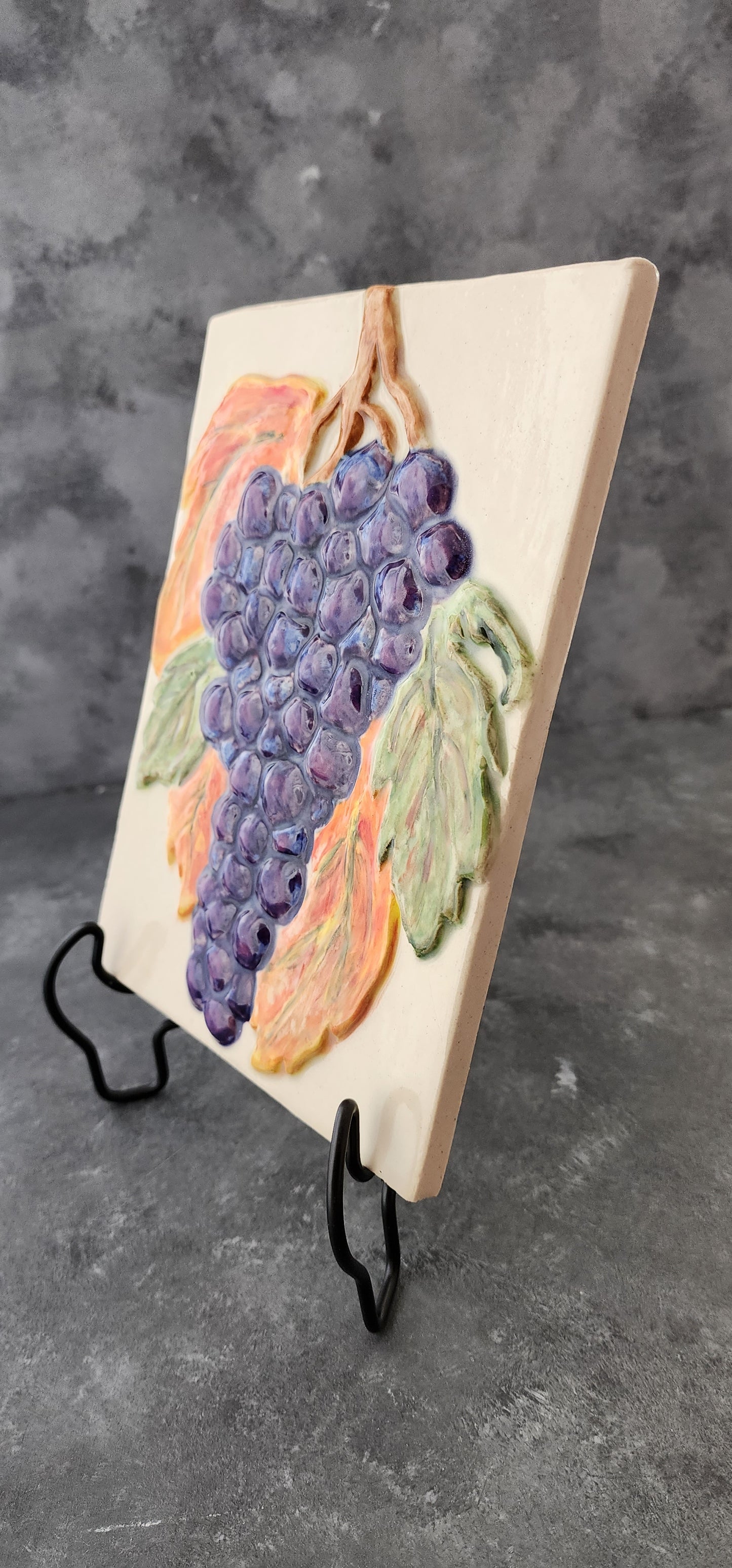 Grapes on the Vine, Stoneware Sculpture Art Tile