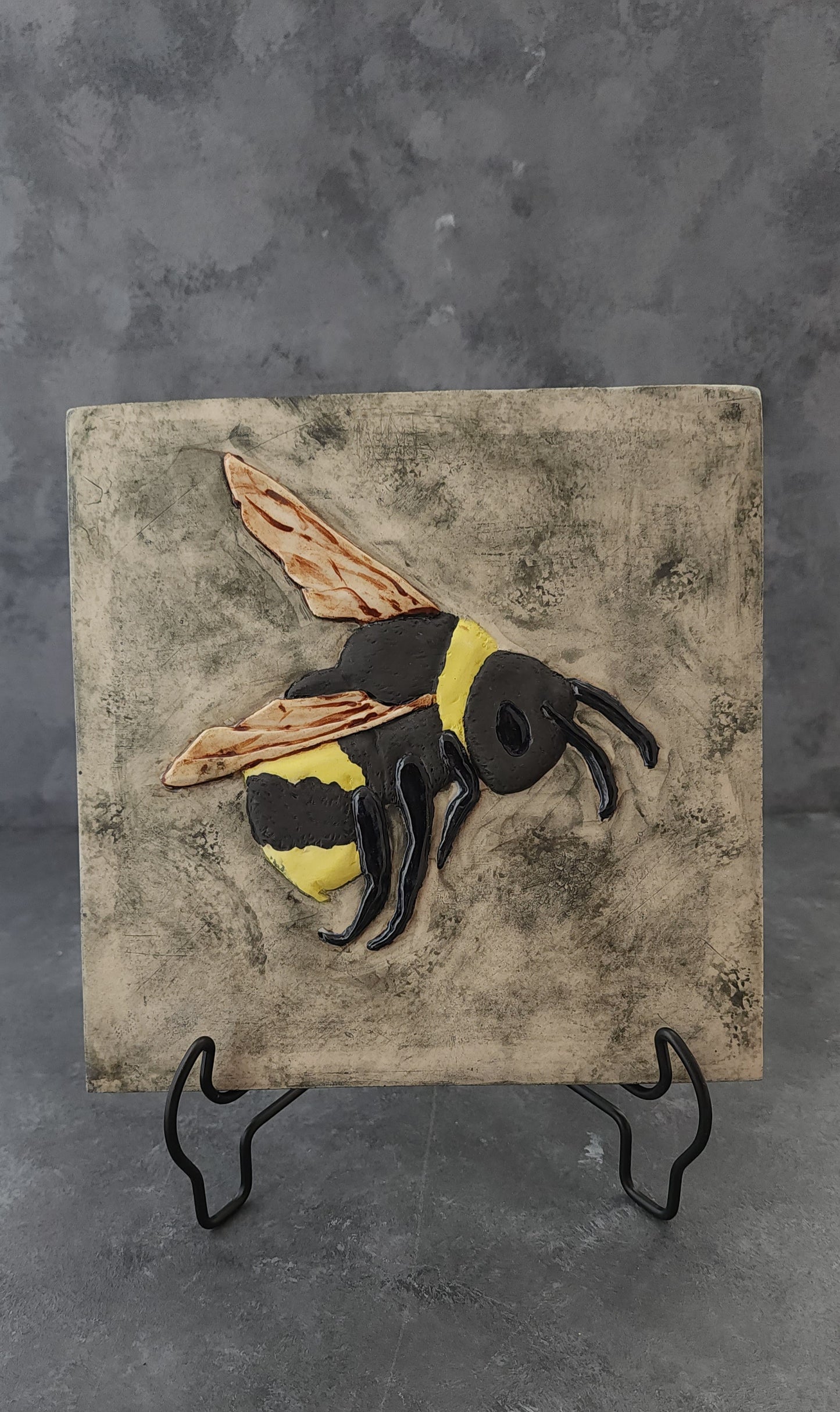 Bumble Bee Ceramic Relief Art Tile w/stand or wall hanger options