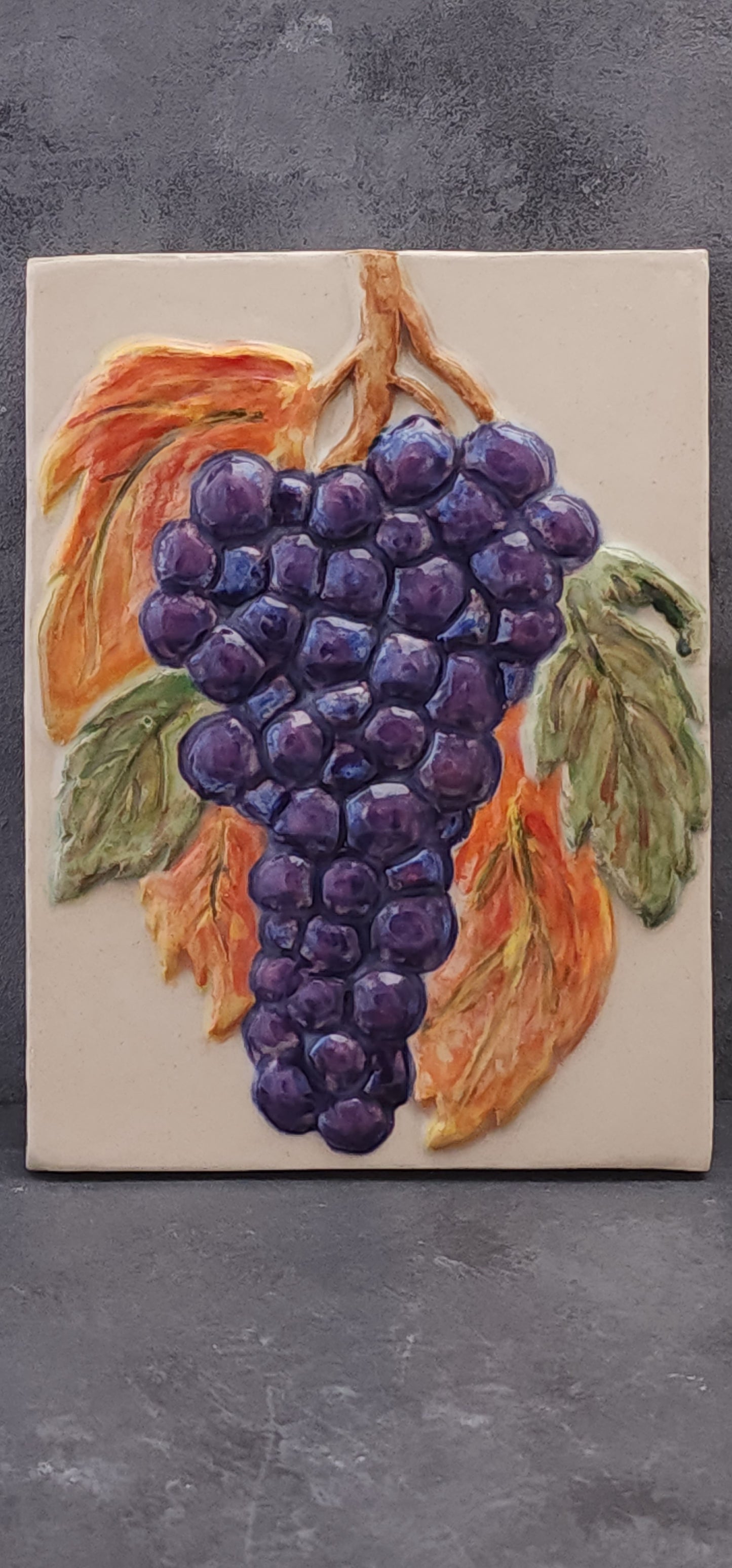 Grapes on the Vine, Stoneware Sculpture Art Tile