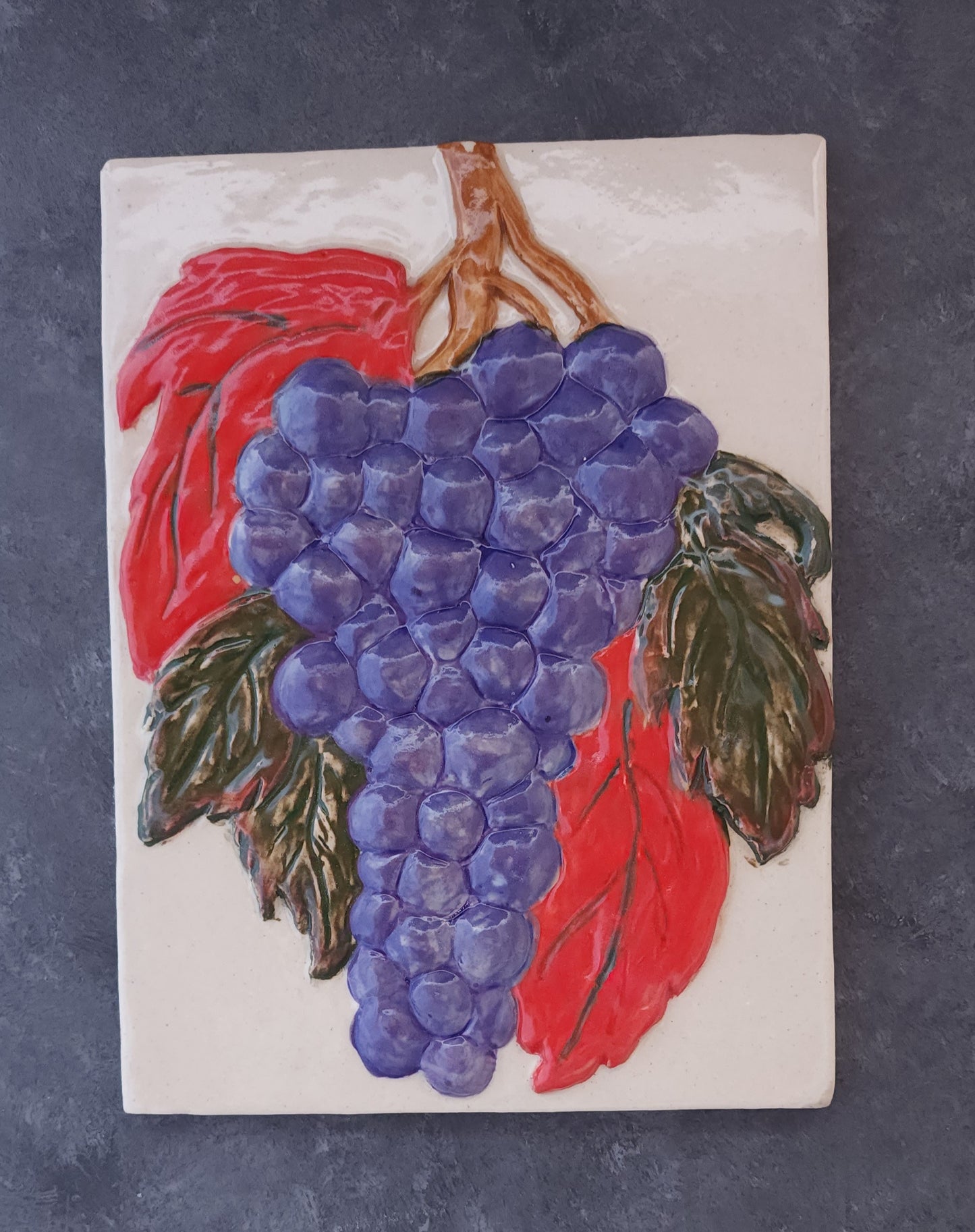 Grapes on the Vine, Stoneware Sculpture Art Tile