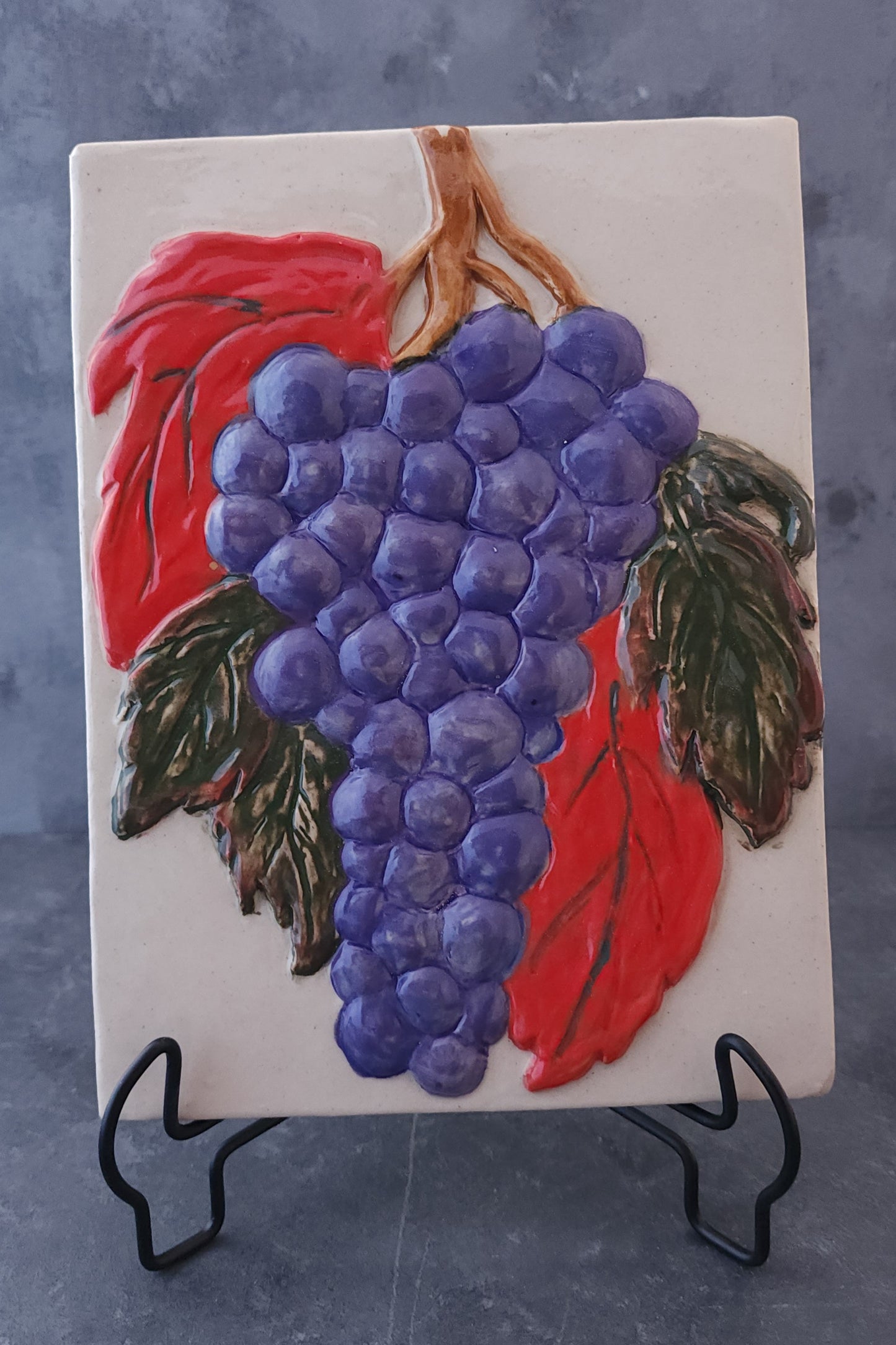 Grapes on the Vine, Stoneware Sculpture Art Tile