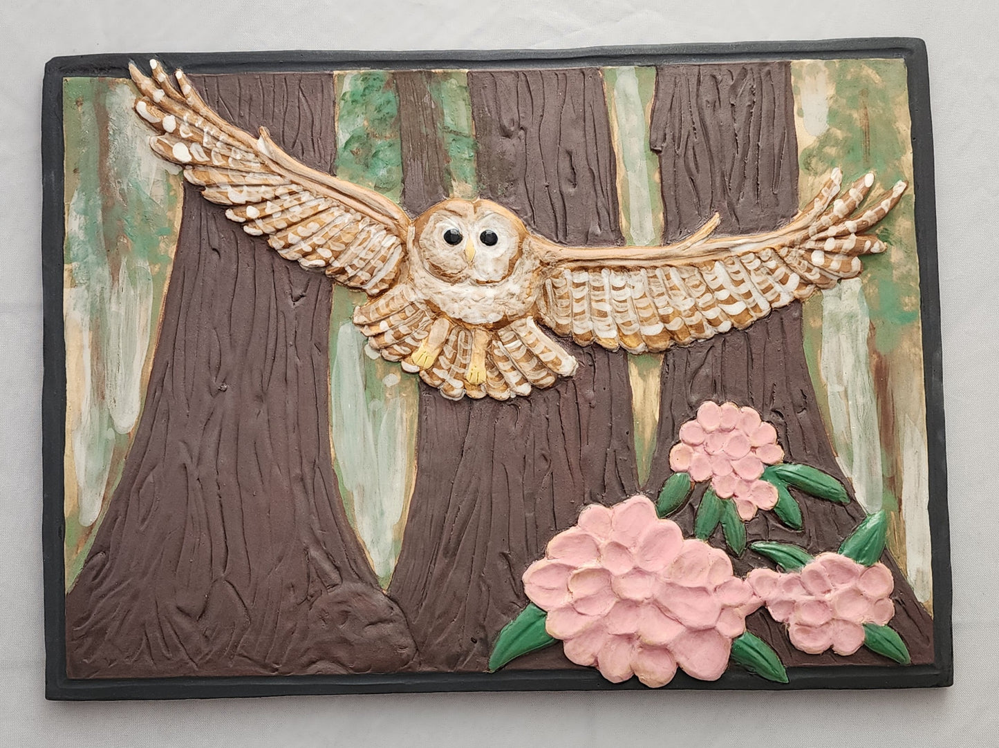 Spotted Owl in Redwood Forest Ceramic Bas-relief Art Tile w/stand...