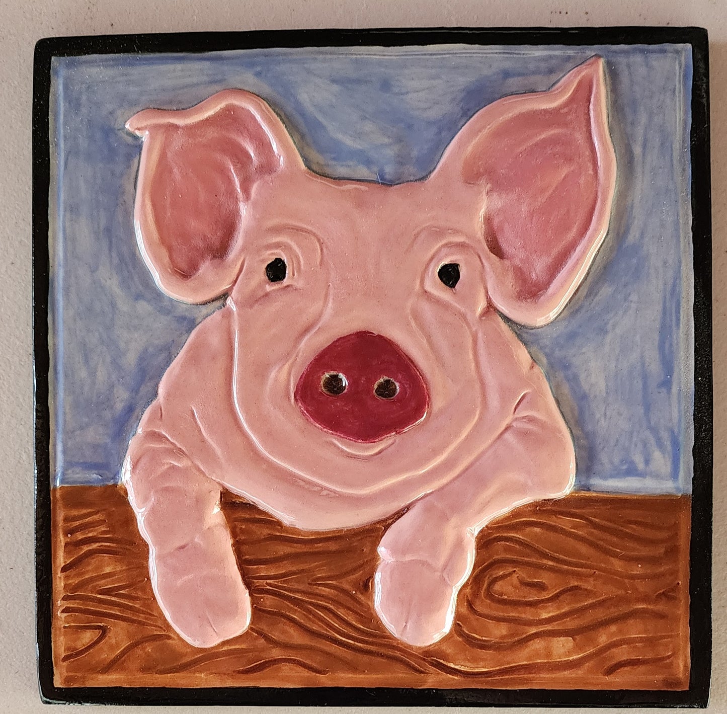 Pig in Pen Relief Ceramic Art Tile, 8 inch tile