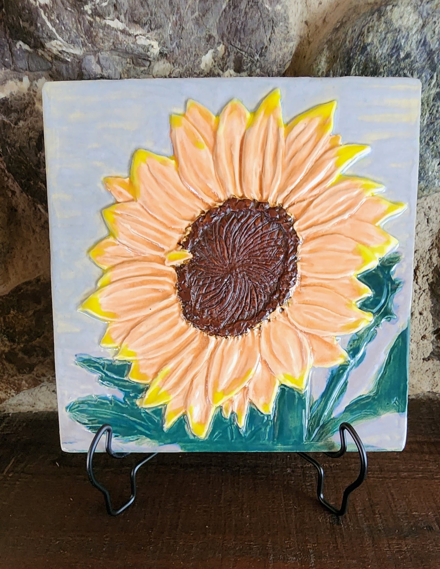 Orange & Yellow Sunflower Ceramic Bas-relief Art Tile w/stand...