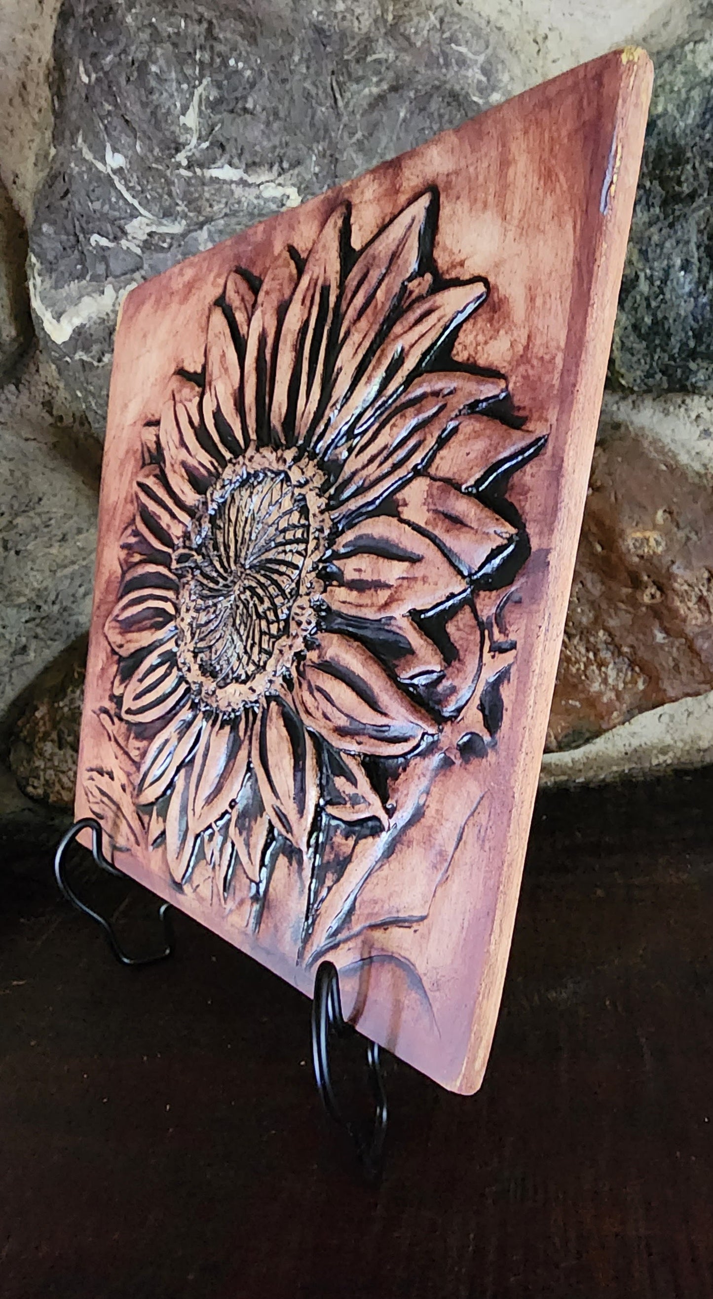 Sunflower Ceramic Bas-Relief Art Tile w/stand... Iron Oxide Finish