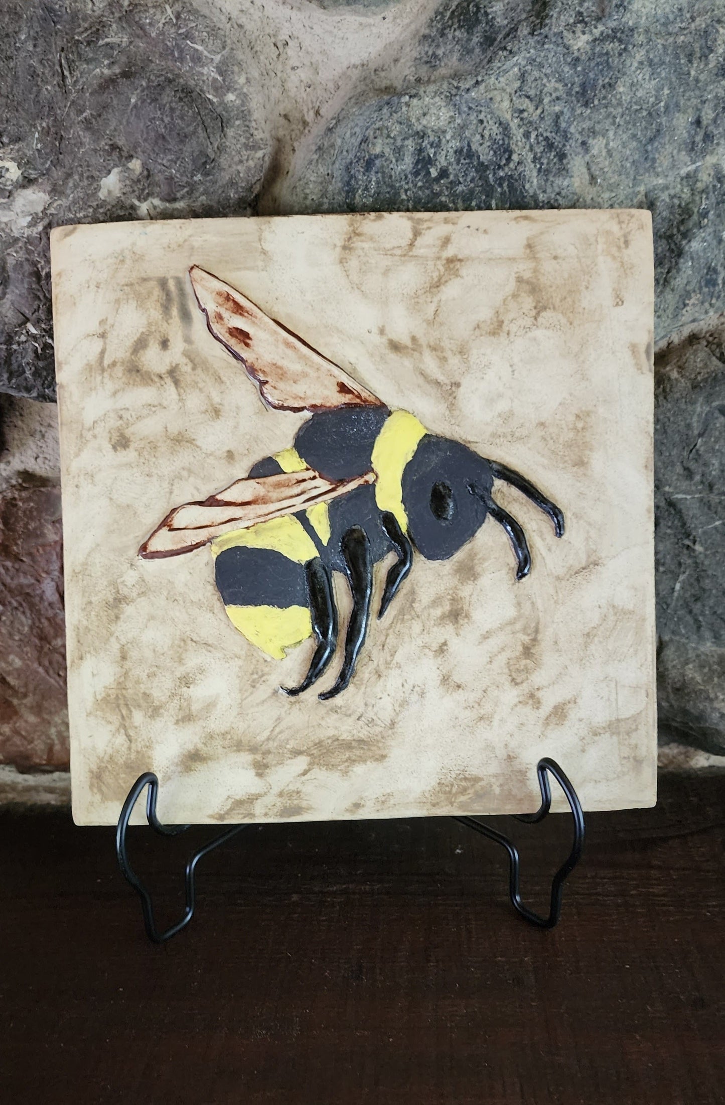 Bumble Bee Ceramic Relief Art Tile w/stand or wall hanger options