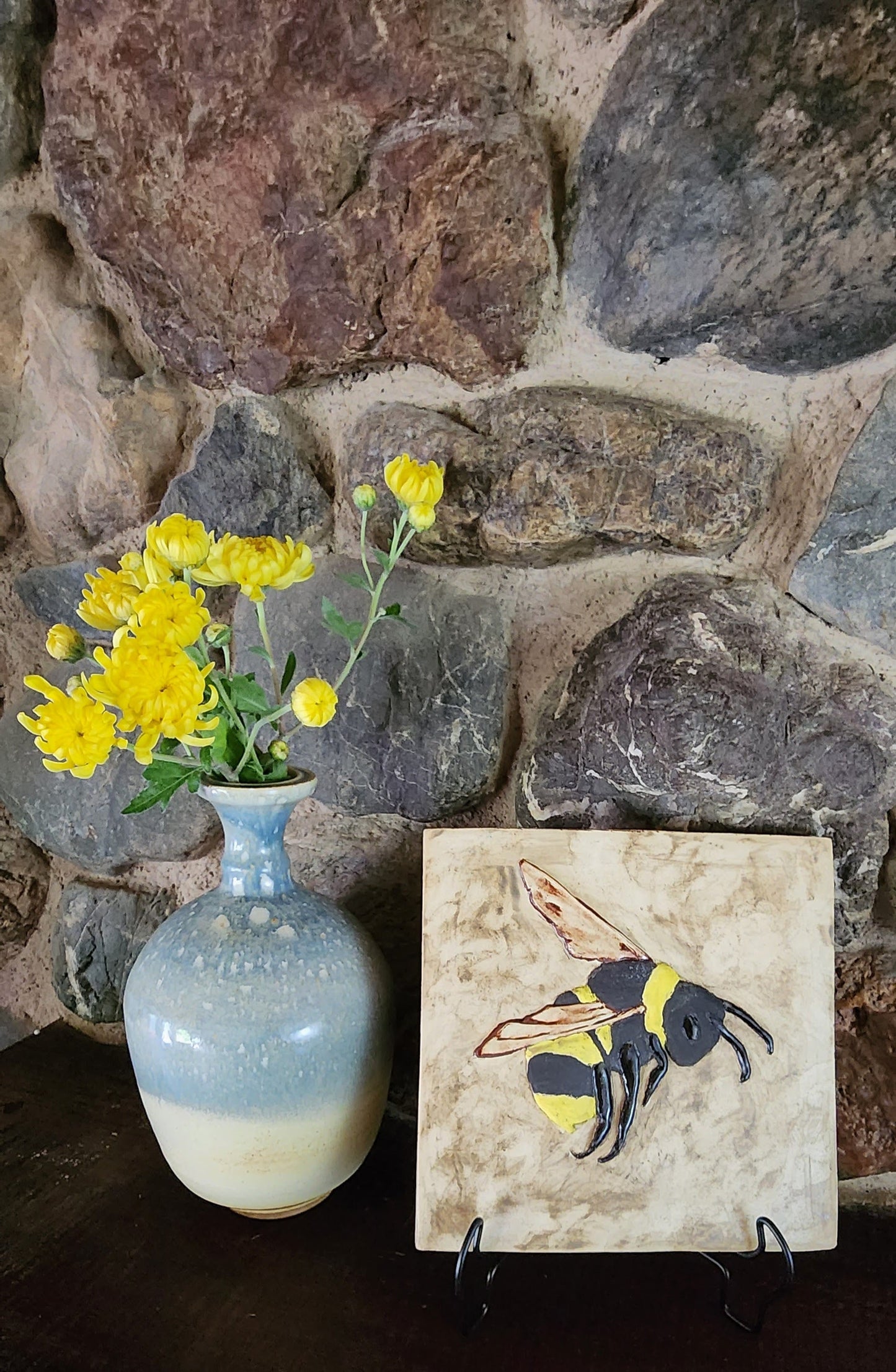 Bumble Bee Ceramic Relief Art Tile w/stand or wall hanger options