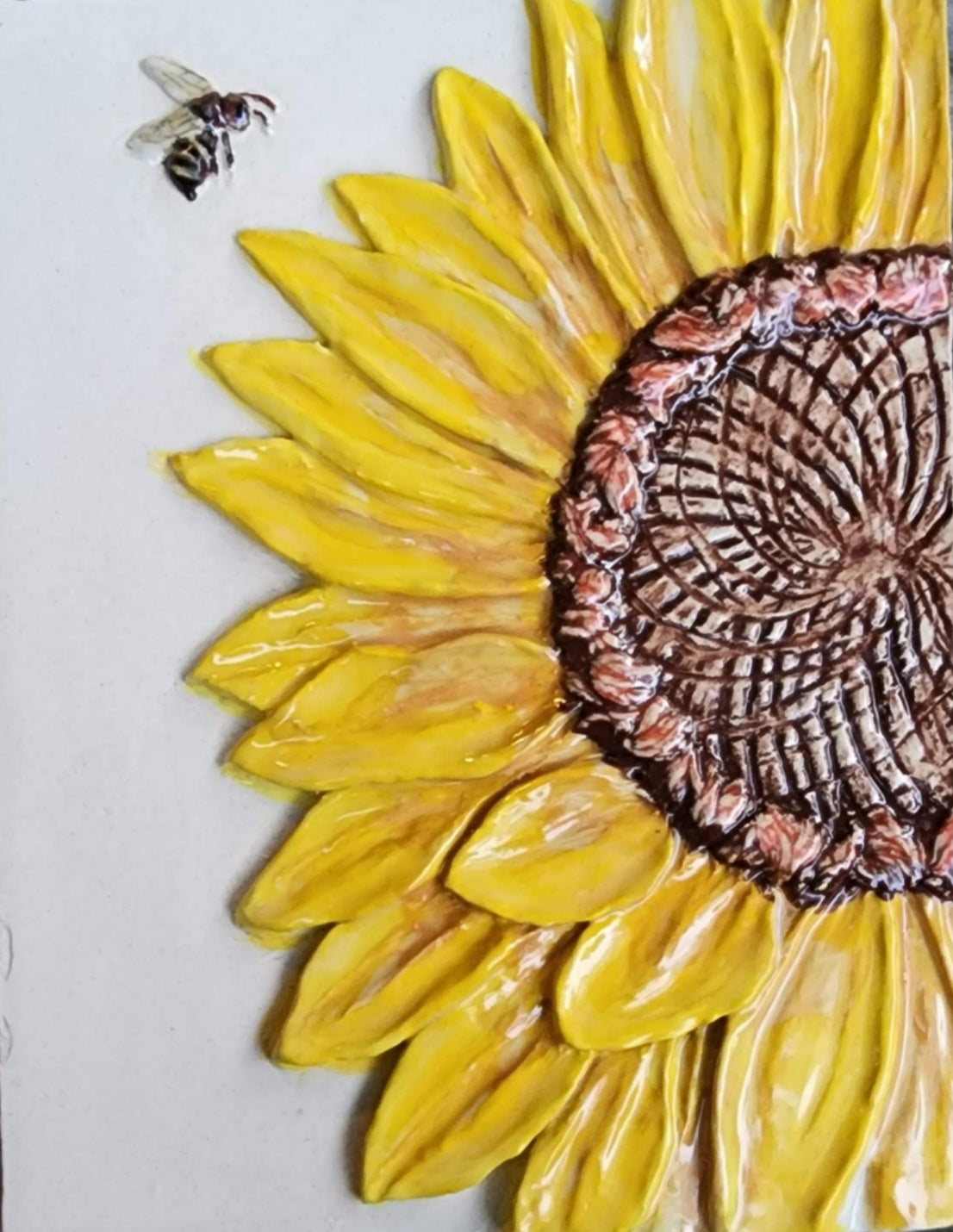 Sunflower & Bee Ceramic Bas-relief Art Tile w/stand...