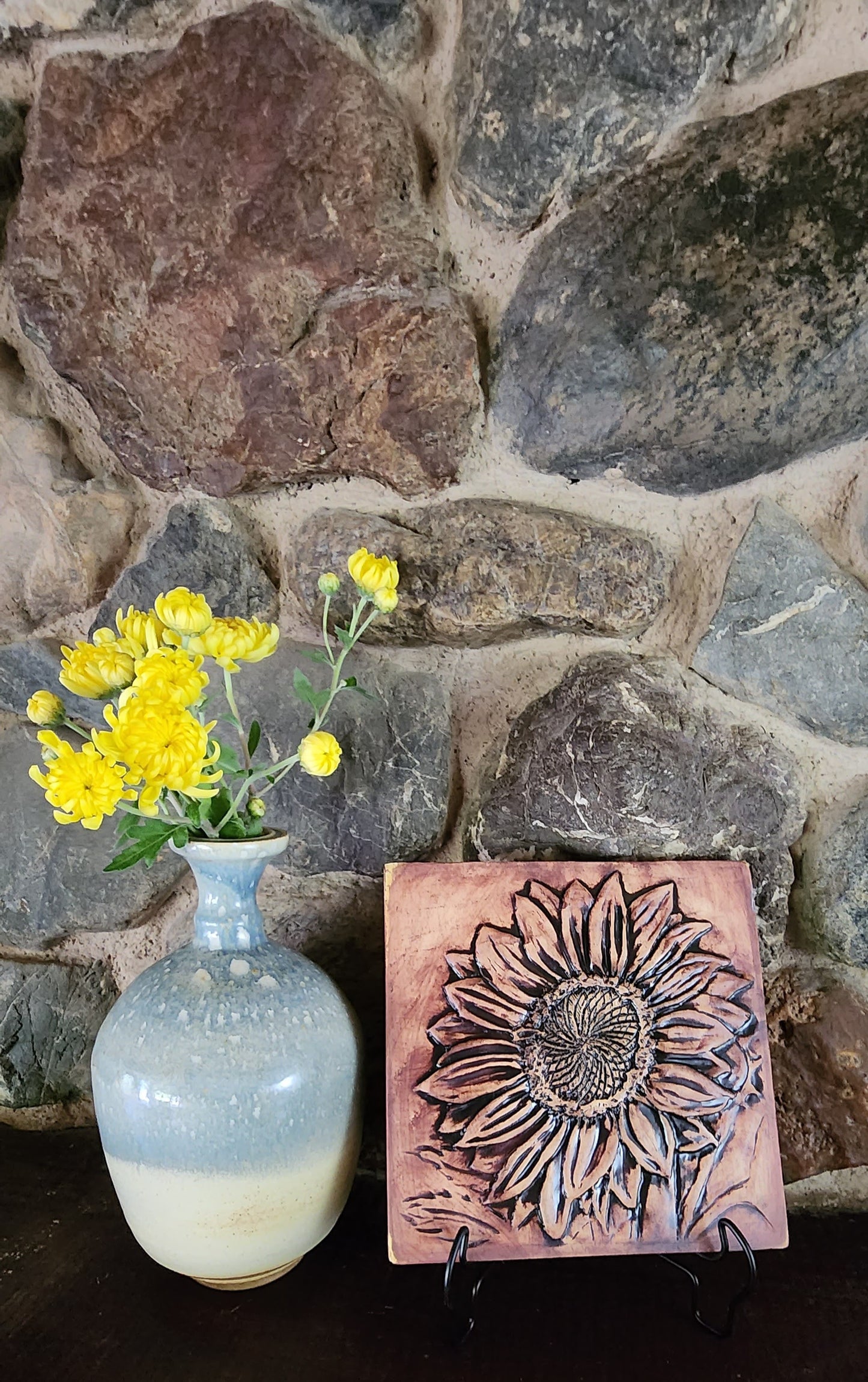 Sunflower Ceramic Bas-Relief Art Tile w/stand... Iron Oxide Finish