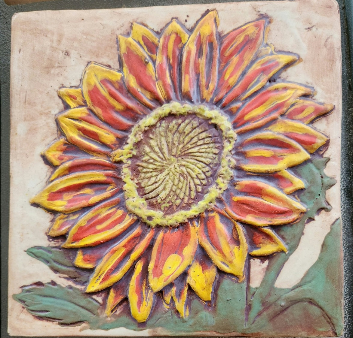 Sunflower Ceramic Bas-relief Art Tile w/stand...