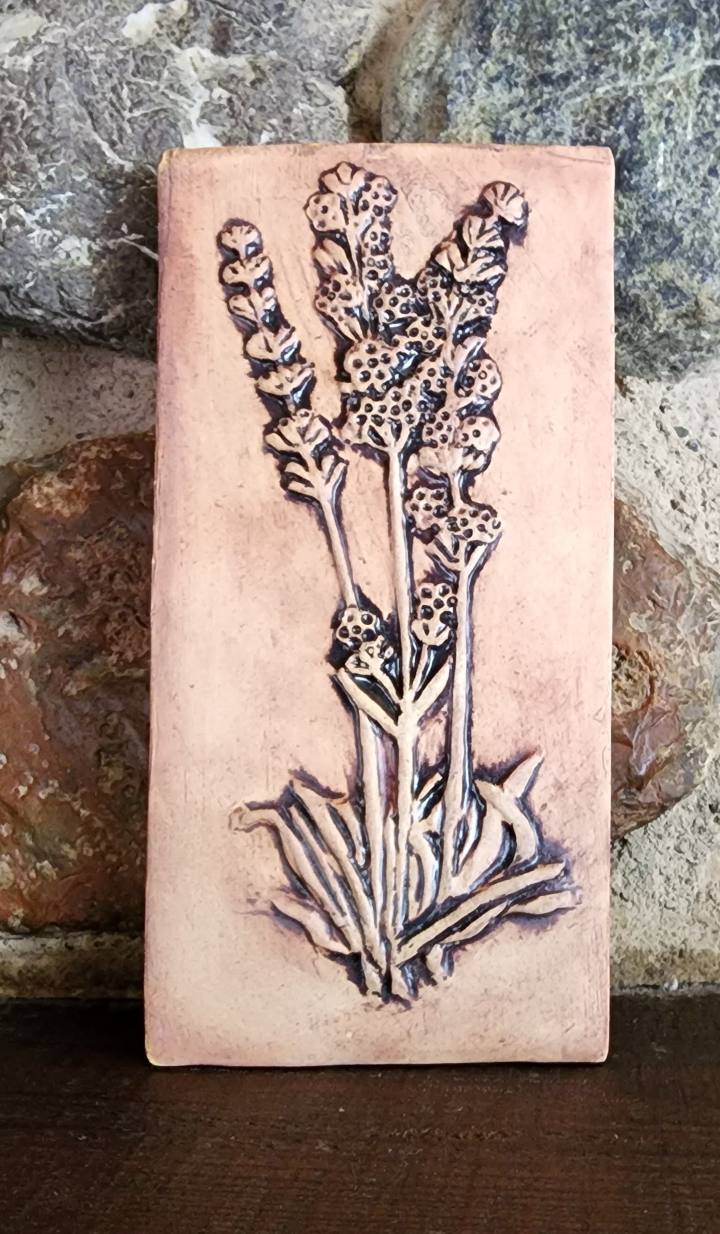Lavender Ceramic Bas-relief Art Tile w/stand... Iron Oxide finish