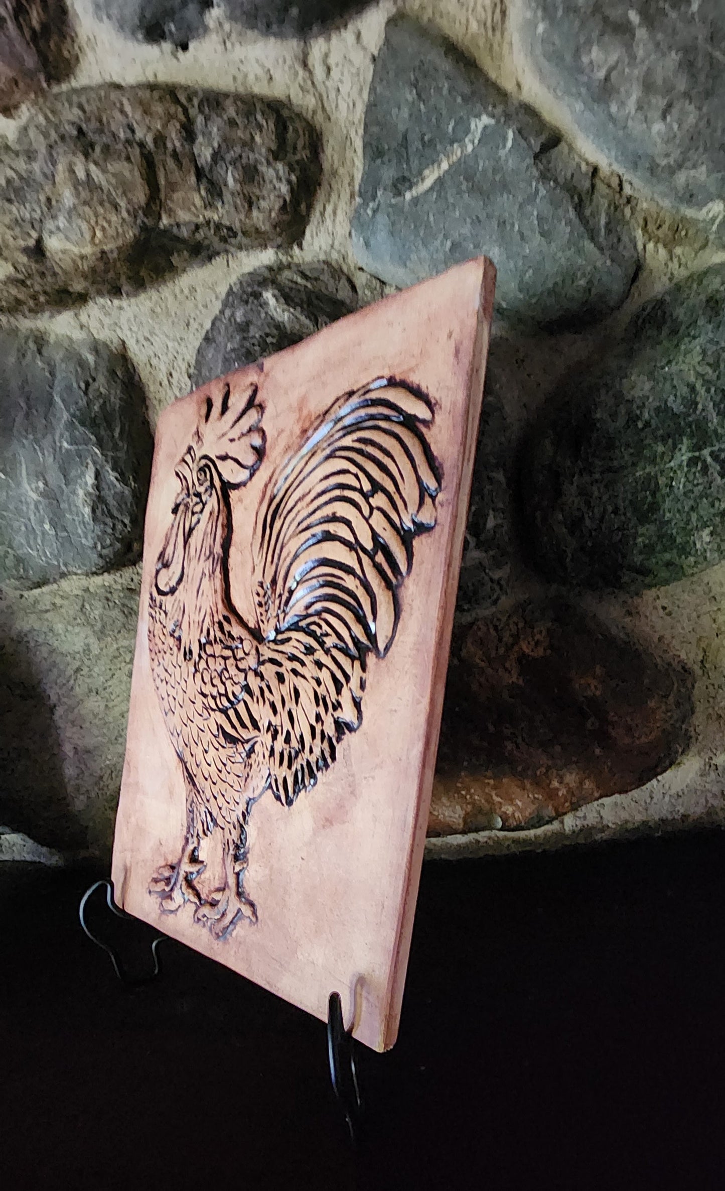 Rooster Bas-relief Ceramic Art Tile Iron Oxide finish