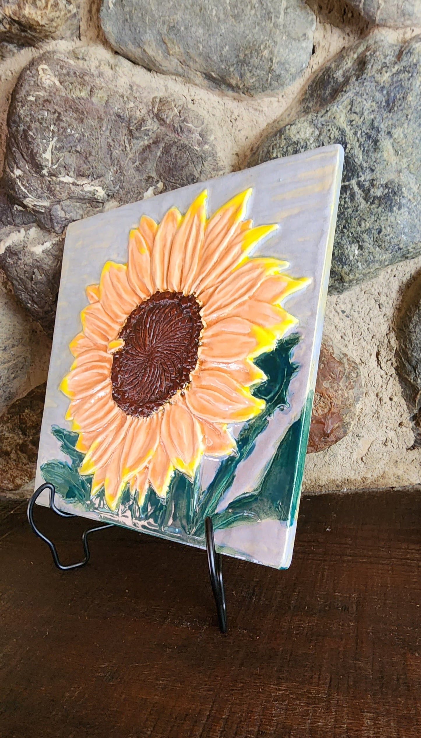 Orange & Yellow Sunflower Ceramic Bas-relief Art Tile w/stand...