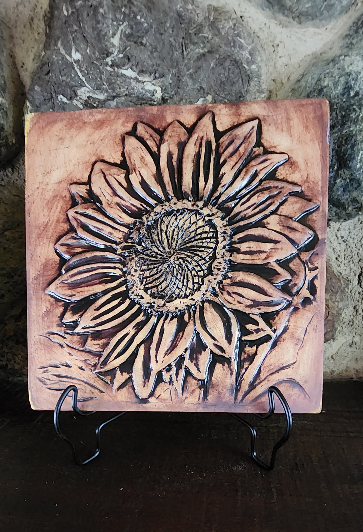 Sunflower Ceramic Bas-Relief Art Tile w/stand... Iron Oxide Finish