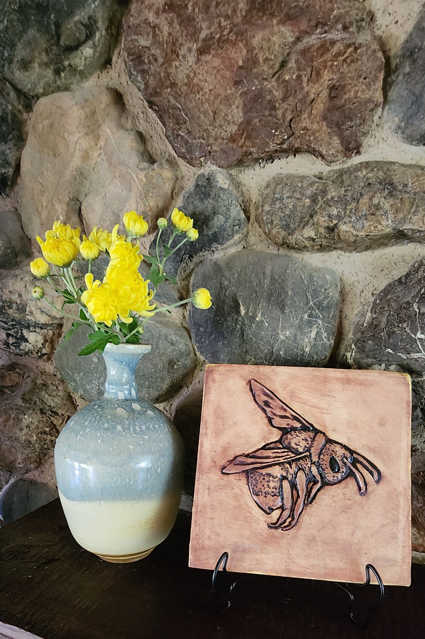 Bumble Bee Ceramic Sculpture Art Tile w/stand... Iron Oxide Finish