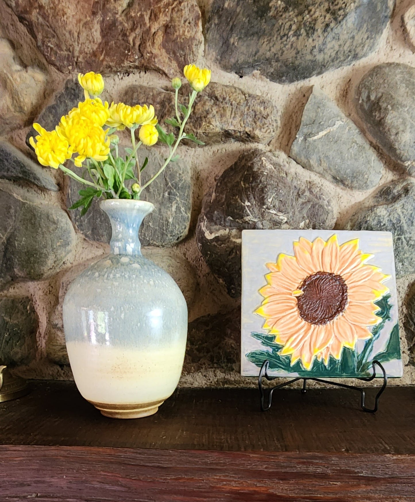 Orange & Yellow Sunflower Ceramic Bas-relief Art Tile w/stand...