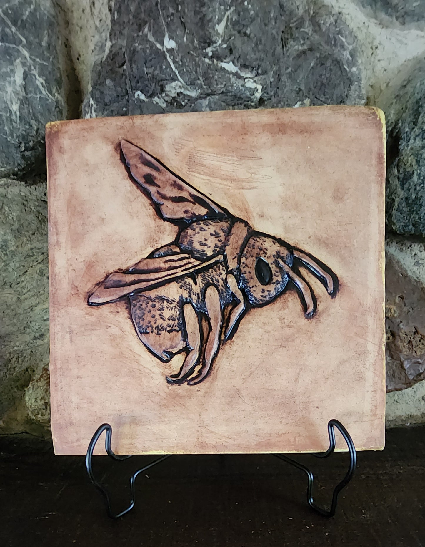 Bumble Bee Ceramic Sculpture Art Tile w/stand... Iron Oxide Finish