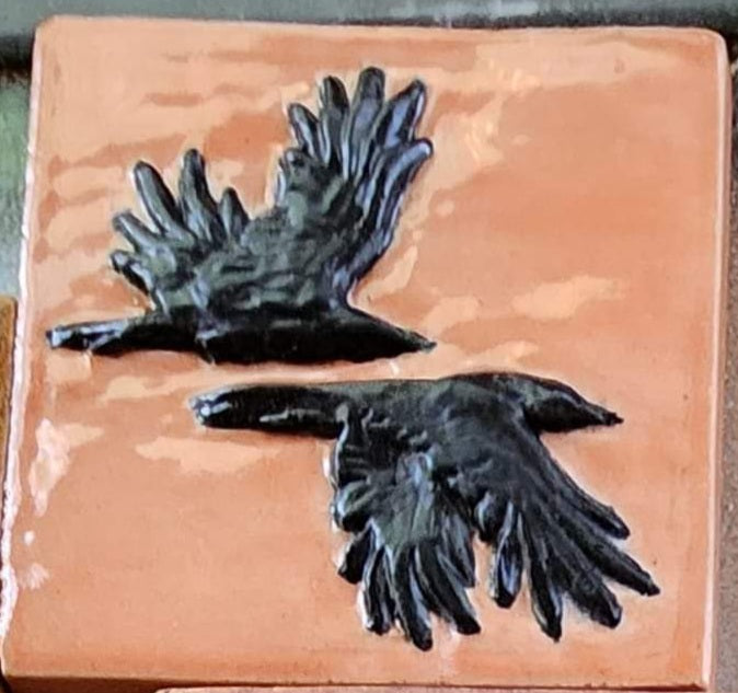 Two Ravens in Flight Ceramic Bas-relief Art Tile w/stand...
