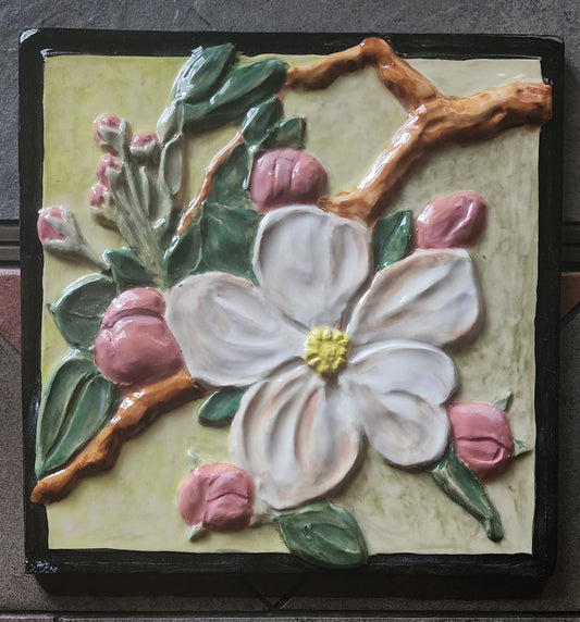 Apple Blossom Sculpture Ceramic Art Tile w/stand (black boarder)