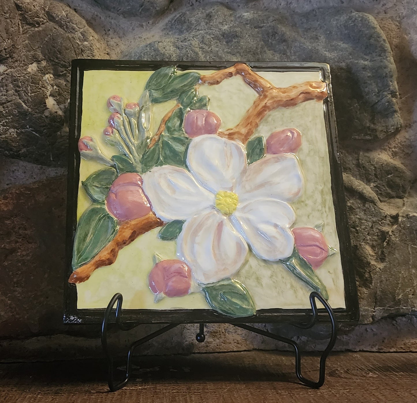 Apple Blossom Sculpture Ceramic Art Tile w/stand (black boarder)