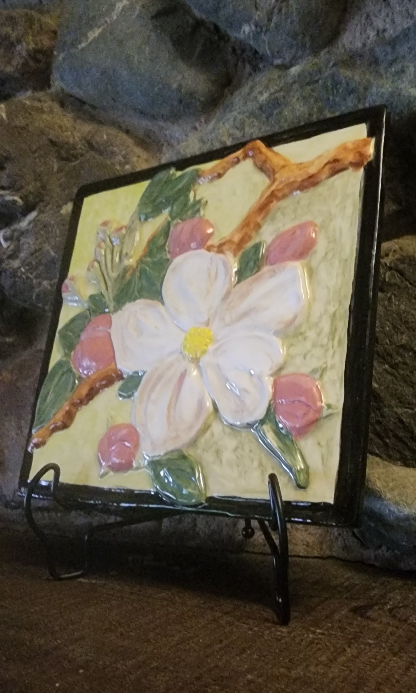 Apple Blossom Sculpture Ceramic Art Tile w/stand (black boarder)