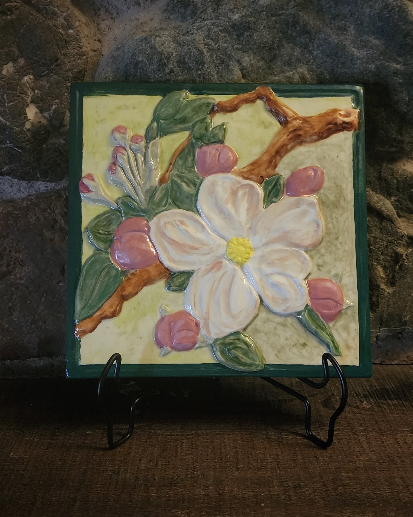 Apple Tree Blossom Sculpture Ceramic Art Tile w/stand or wall hanger (green boarder)