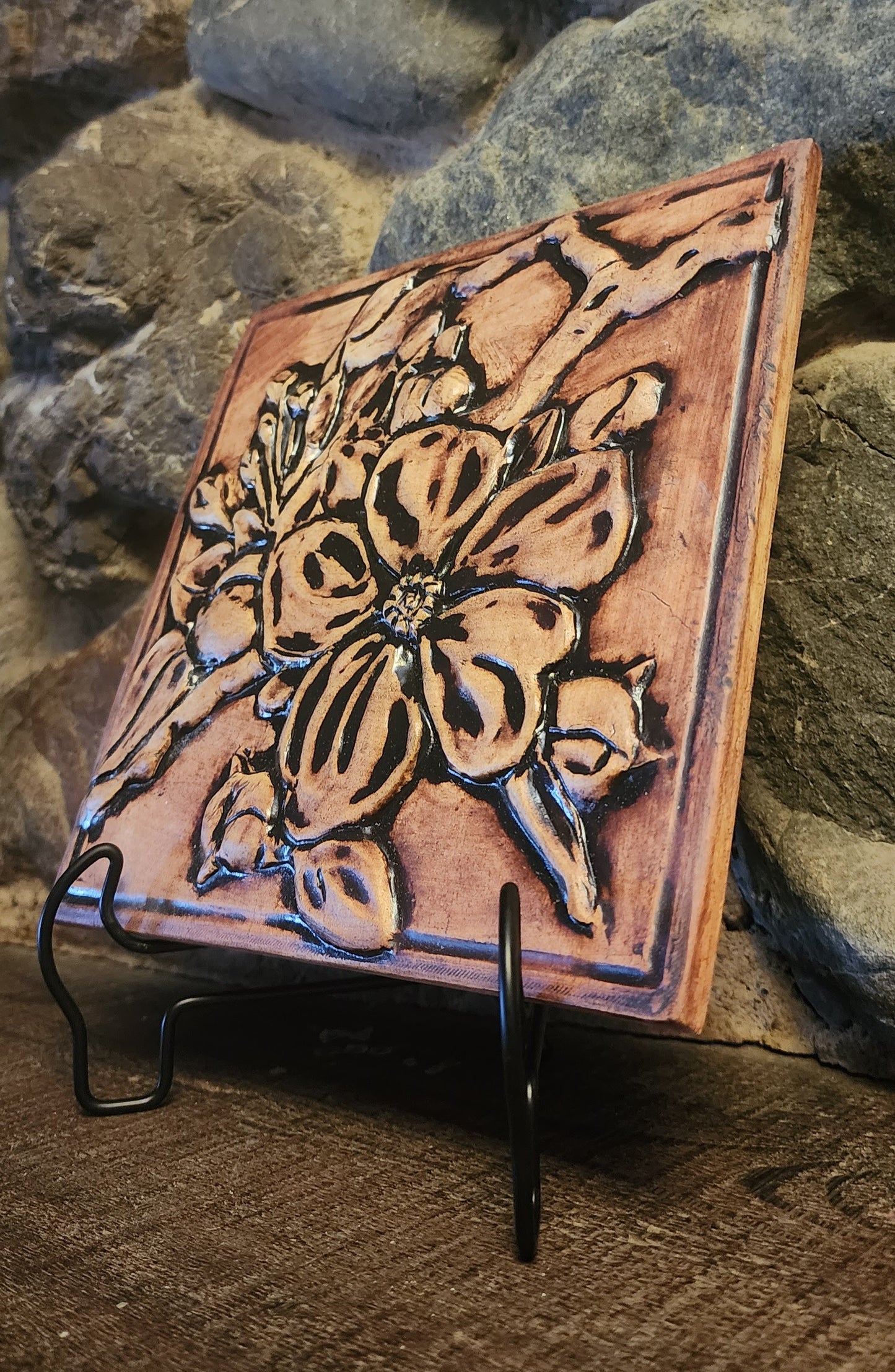 Apple Blossom Sculpture Ceramic Art Tile w/stand (Iron Oxide finish)