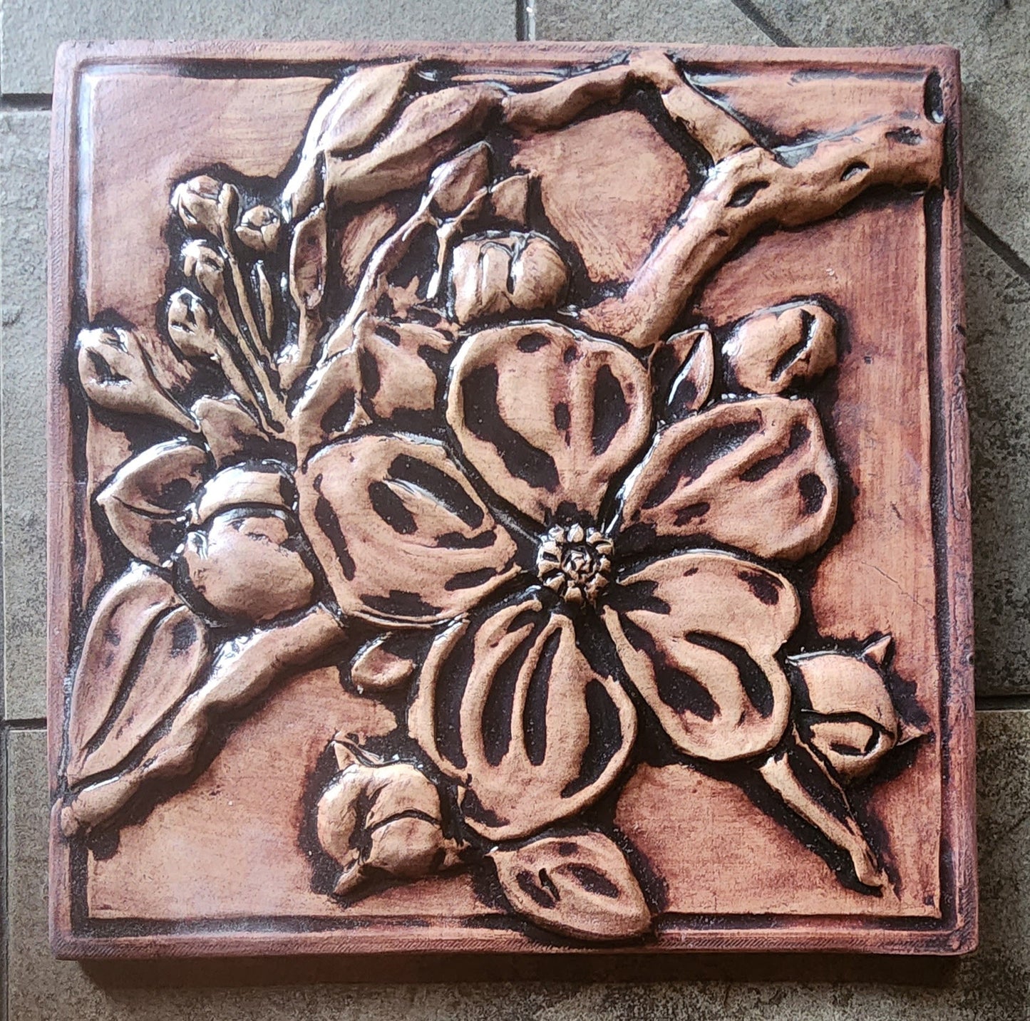 Apple Blossom Sculpture Ceramic Art Tile w/stand (Iron Oxide finish)