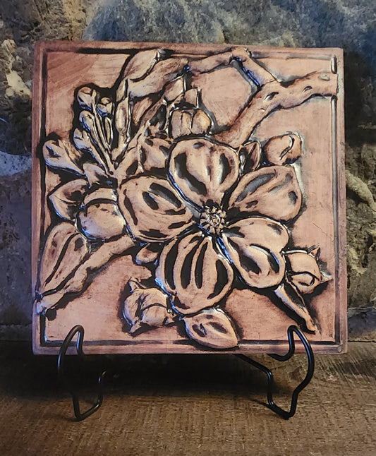 Apple Blossom Sculpture Ceramic Art Tile w/stand (Iron Oxide finish)