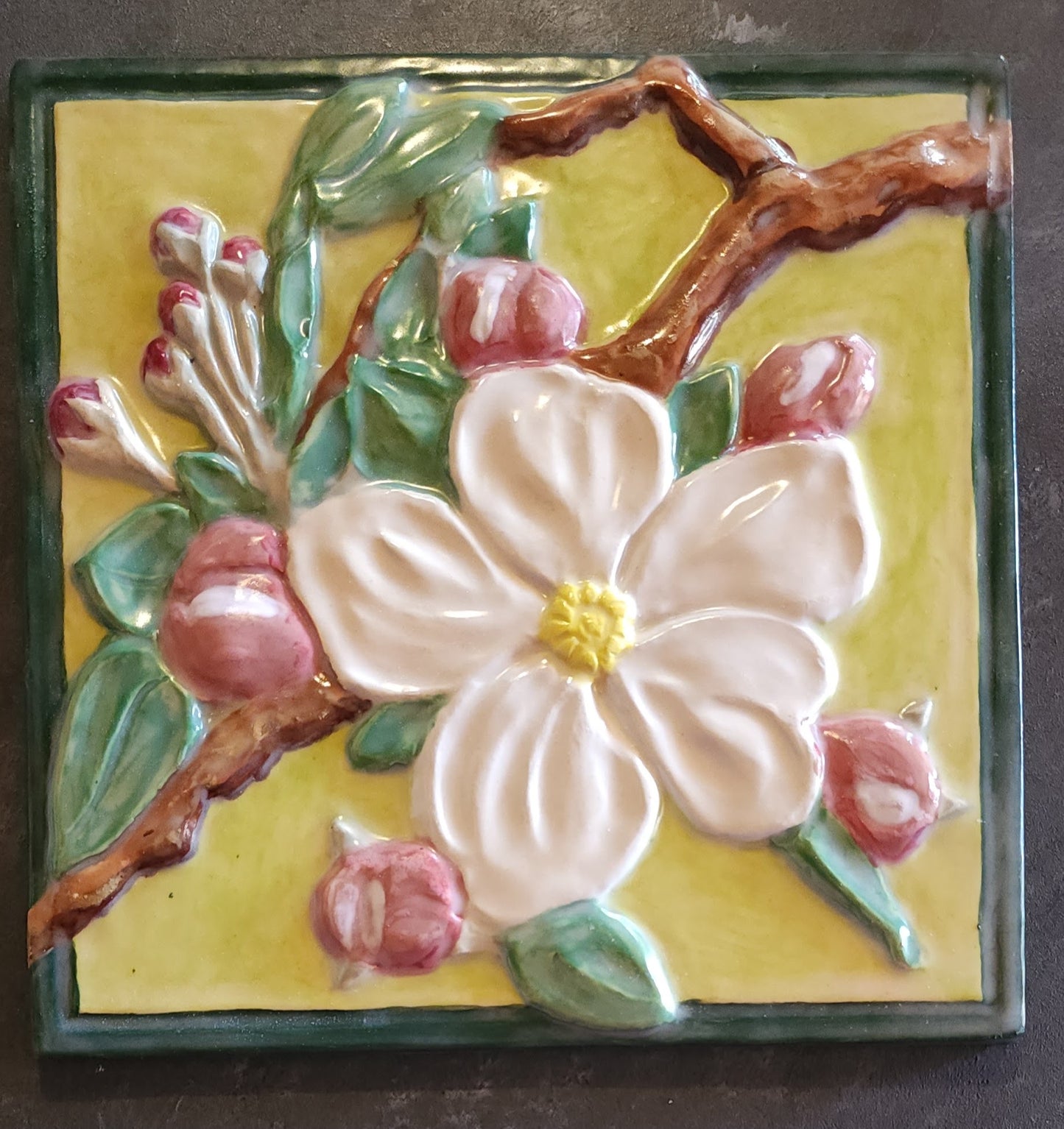 Apple Tree Blossom Sculpture Ceramic Art Tile w/stand or wall hanger (green boarder)