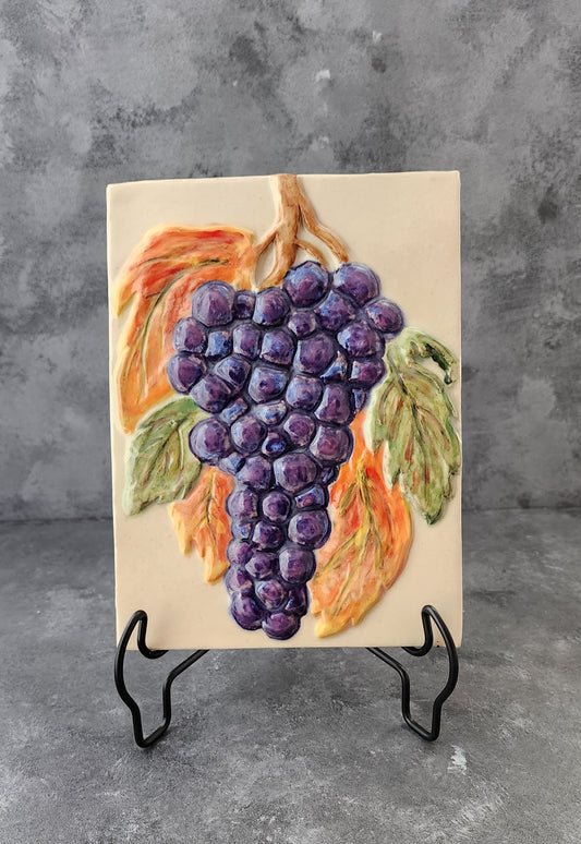 Grapes on the Vine, Stoneware Sculpture Art Tile