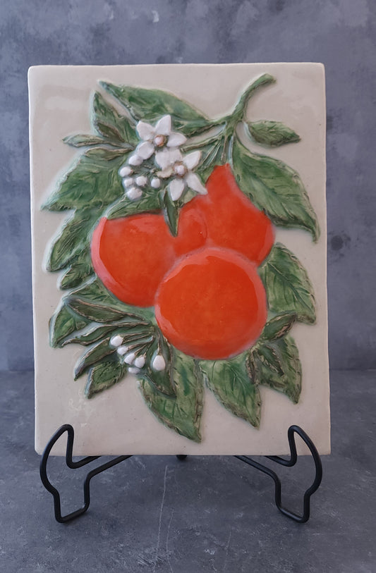 Orange Branch Ceramic Sculpture Art Tile