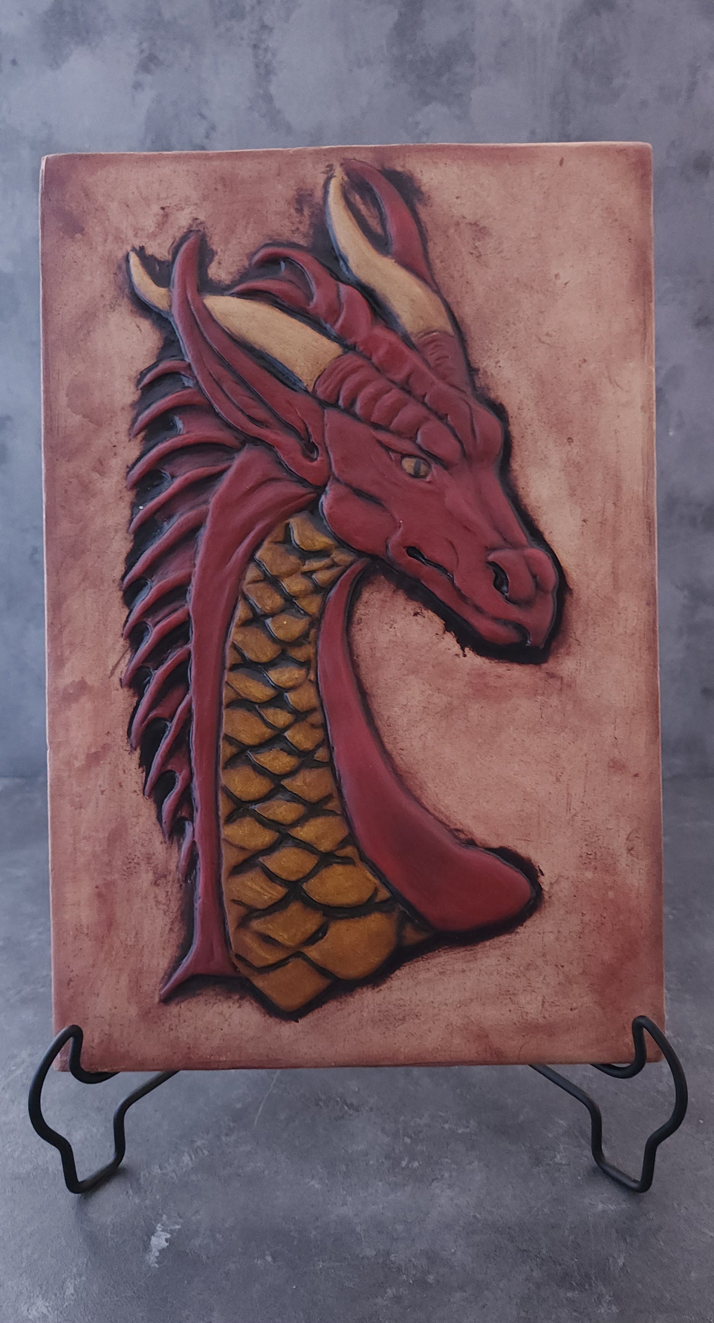 Dragon Sculpture Ceramic Art Tile w/stand