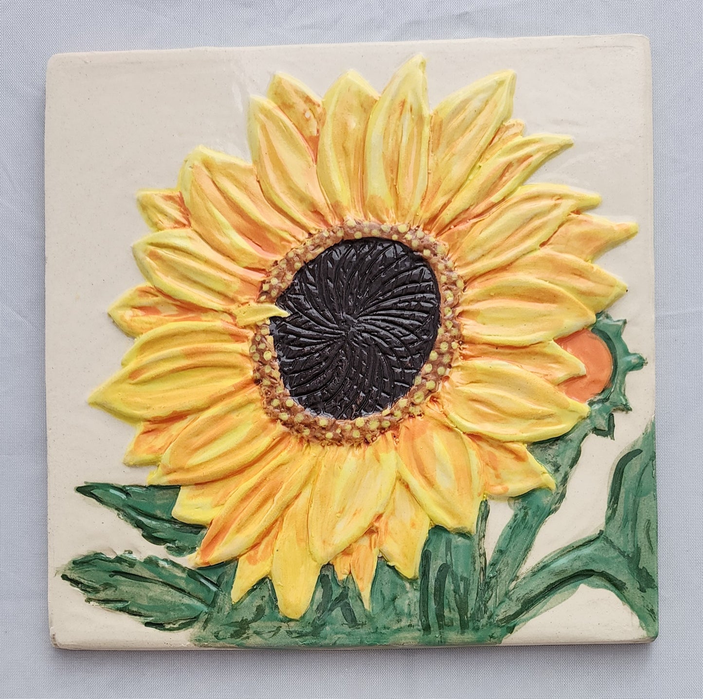 Yellow Sunflower Ceramic Sculpture Art Tile w/stand & wall hanger