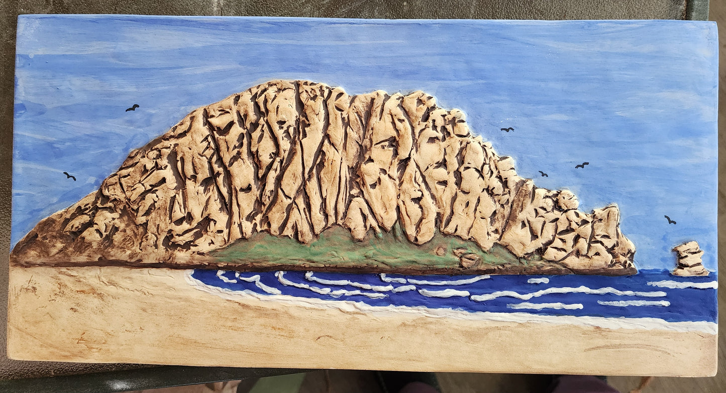 Morro Rock, Morro Bay, CA ... Stoneware Relief Art Tile w/stand