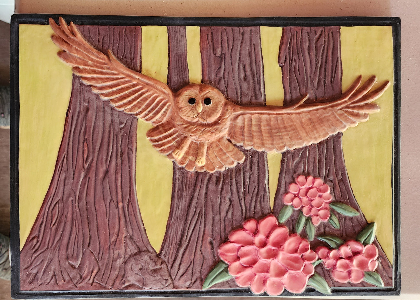 Owl in Redwood Forest Ceramic Bas-relief Art Tile 14x10 inches