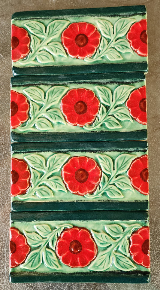 Flower boarder tiles, set of 4, 6x3 inches each