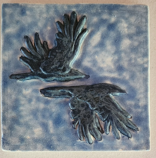 Two Ravens in Flight Ceramic Bas-relief Art Tile 4 inches