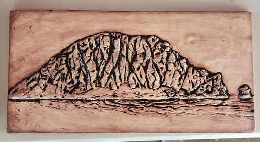 Morro Rock, Morro Bay, CA ... Stoneware Relief Art Tile 16x8 - Iron oxide wash