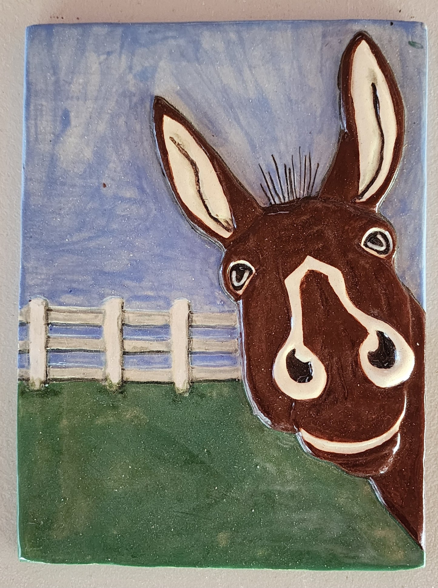 Cute Donkey Ceramic Sculpture Art Tile 8x6 inches