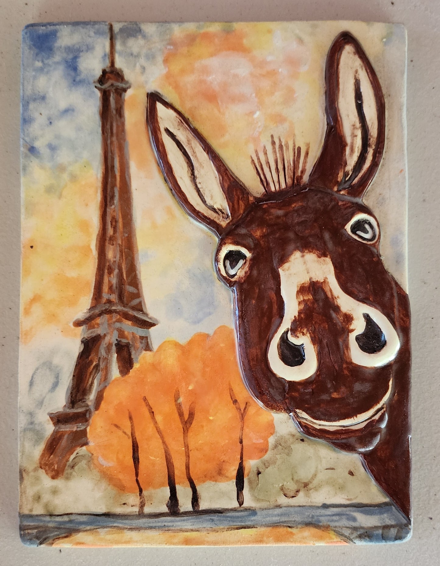 Cute Donkey Ceramic Sculpture Art Tile 8x6 inches