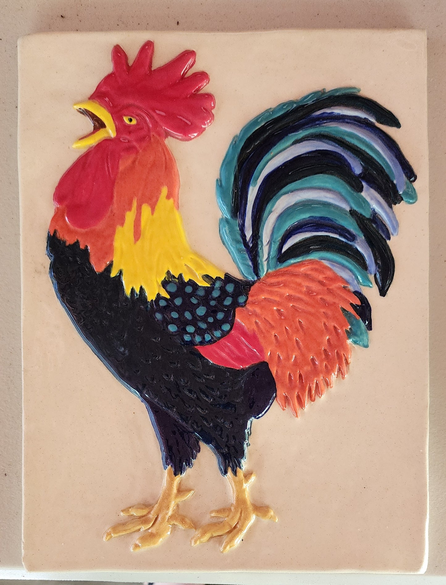 Rooster Sculpture Ceramic Art Tile 10.5x8 inches multicolored w/clear glossy finish