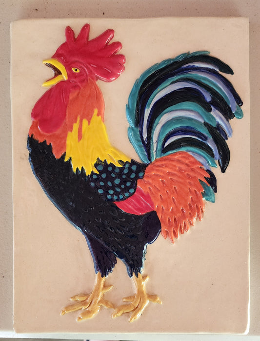 Rooster Sculpture Ceramic Art Tile 10.5x8 inches multicolored w/clear glossy finish