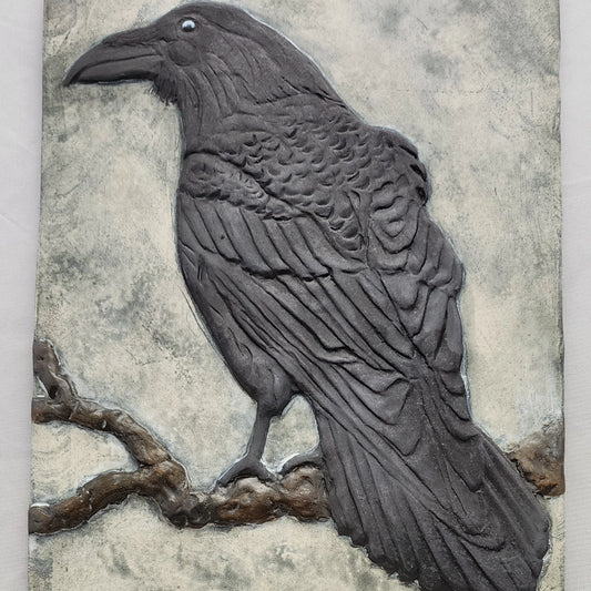 Raven Sculpture Ceramic Art Tile w/stand