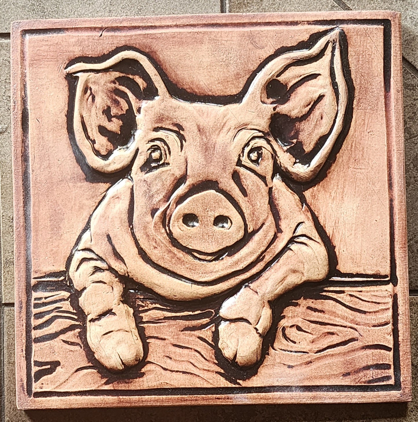 Pig in Pen Sculpture Ceramic Decorative Art Tile w/stand & Iron Oxide finish.