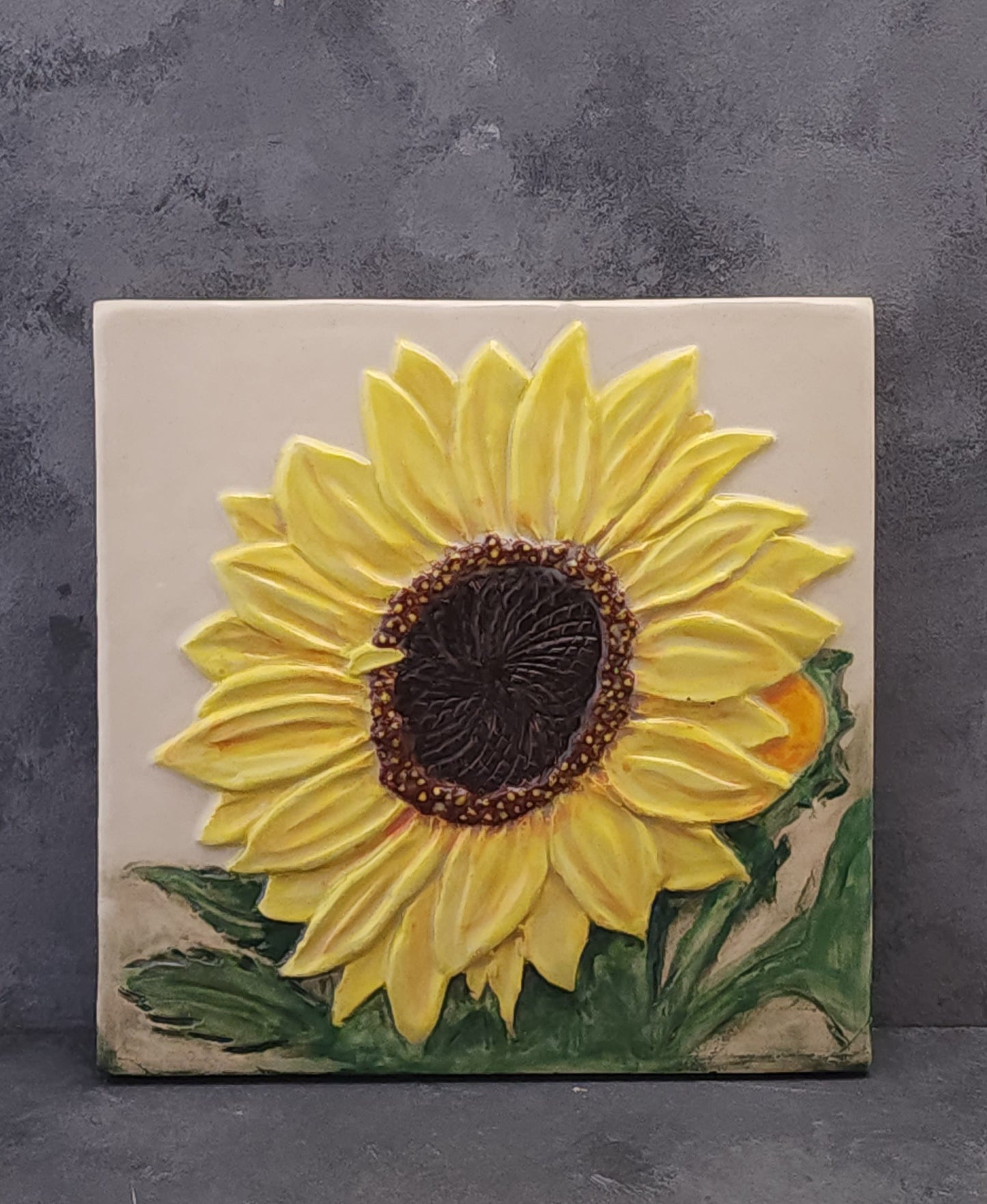 Yellow Sunflower Ceramic Sculpture Art Tile w/stand & wall hanger