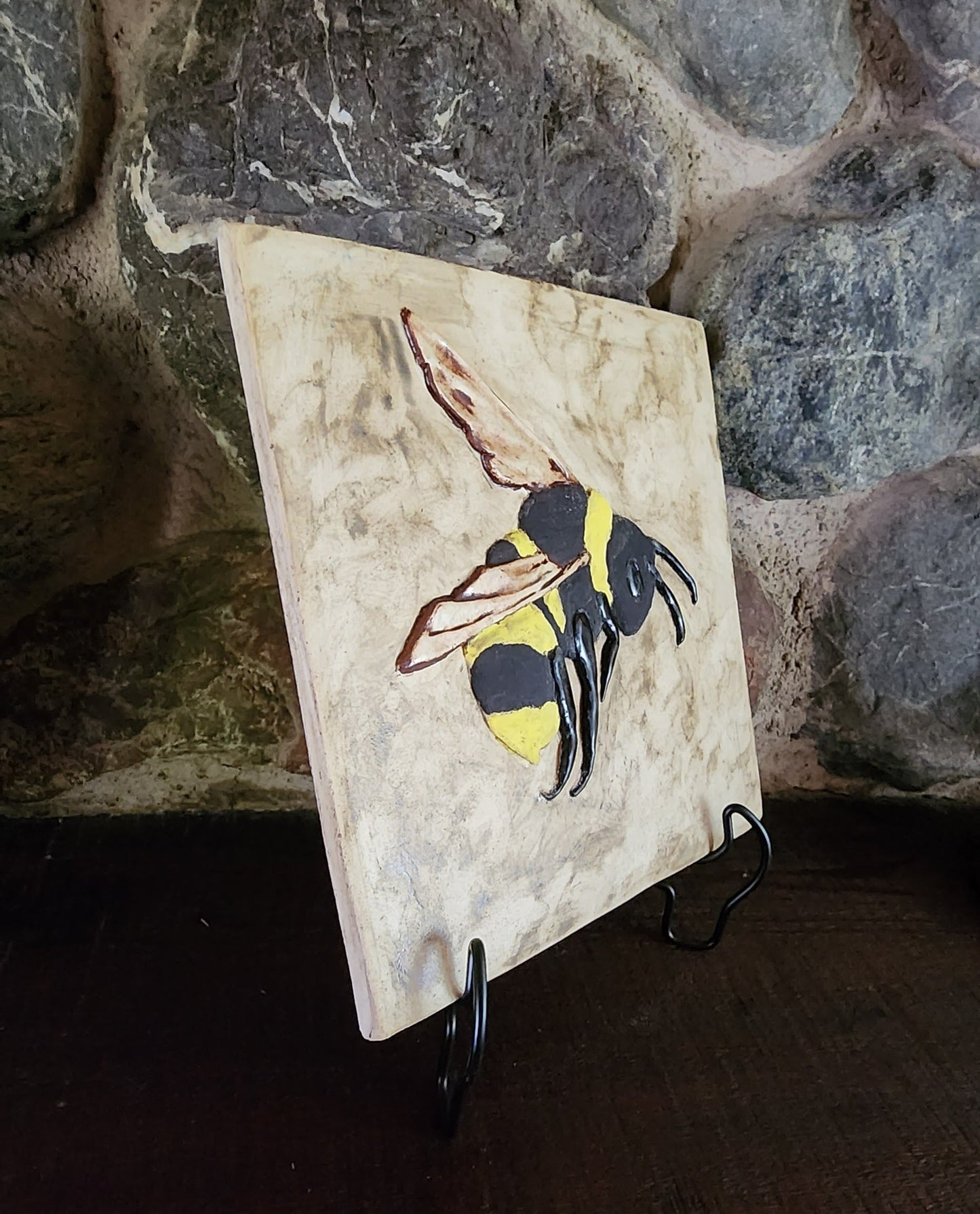 Bumble Bee Ceramic Relief Art Tile  w/stand or wall hanger options