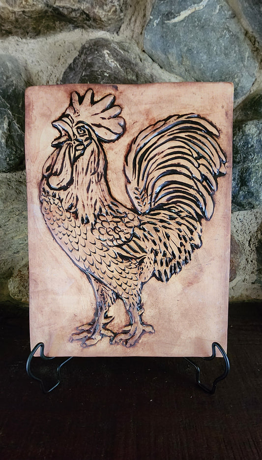 Rooster Bas-relief Ceramic Art Tile Iron Oxide finish