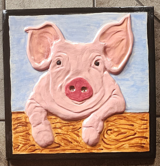 Pig in Pen Relief Ceramic Art Tile w/wall hanger