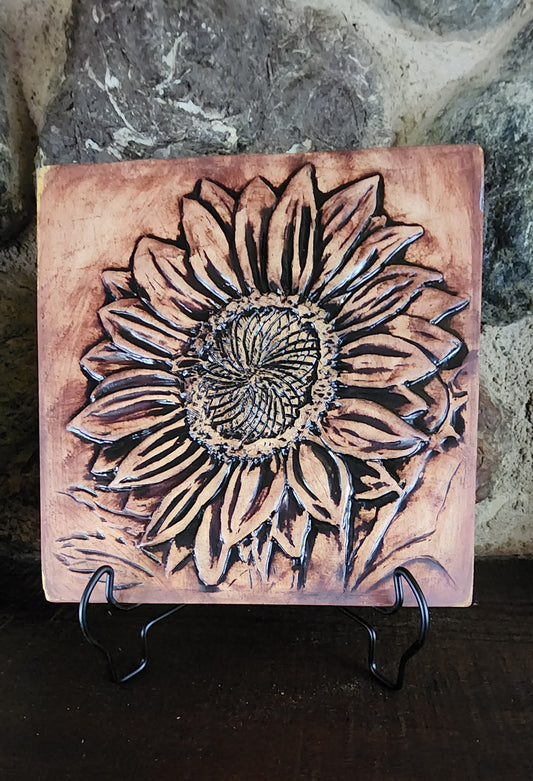 Sunflower Ceramic Bas-Relief Art Tile  w/stand... Iron Oxide Finish